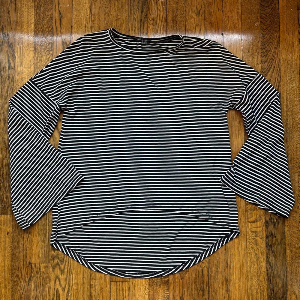 Bell Sleeve High-Low Long Sleeve Black & White Striped Shirt